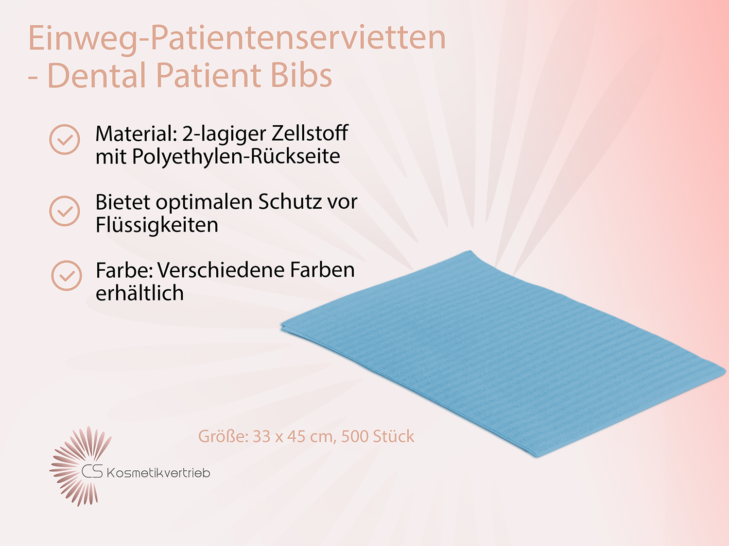 Einweg-Patientenservietten - Dental Patient Bibs, 2-lagig mit Poly-Rückseite, 33 x 45 cm, 500 Stück / Blau