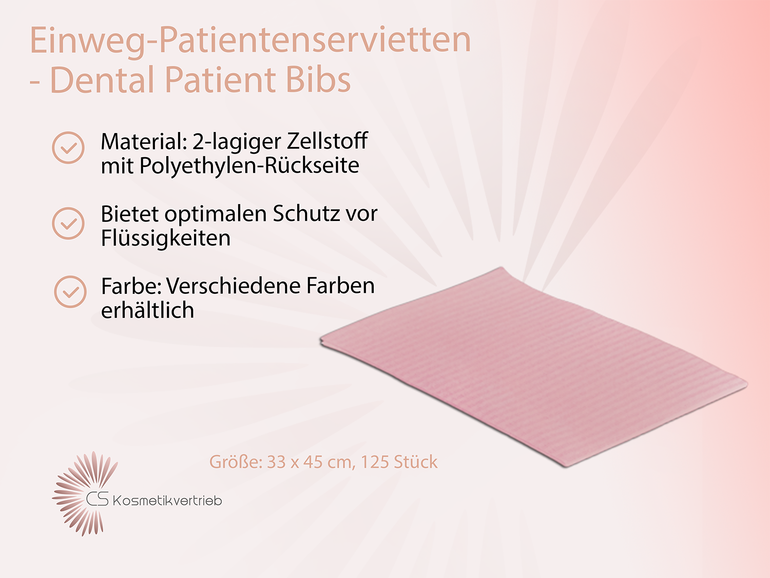 Einweg-Patientenservietten - Dental Patient Bibs, 2-lagig mit Poly-Rückseite, 33 x 45 cm, 125 Stück / Rosa
