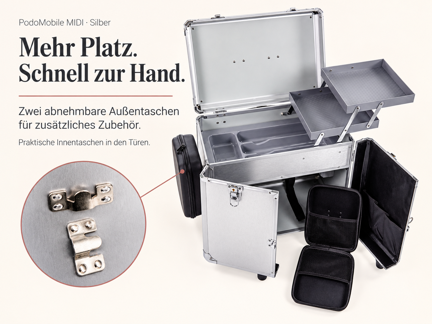 PodoMobile MIDI Fußpflegekoffer Silber – mit 2 Steckdosen