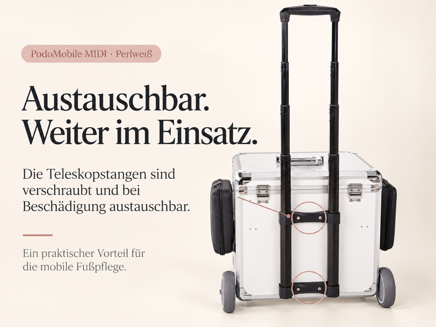 PodoMobile MIDI Fußpflegekoffer Perlweiß – mit 2 Steckdosen