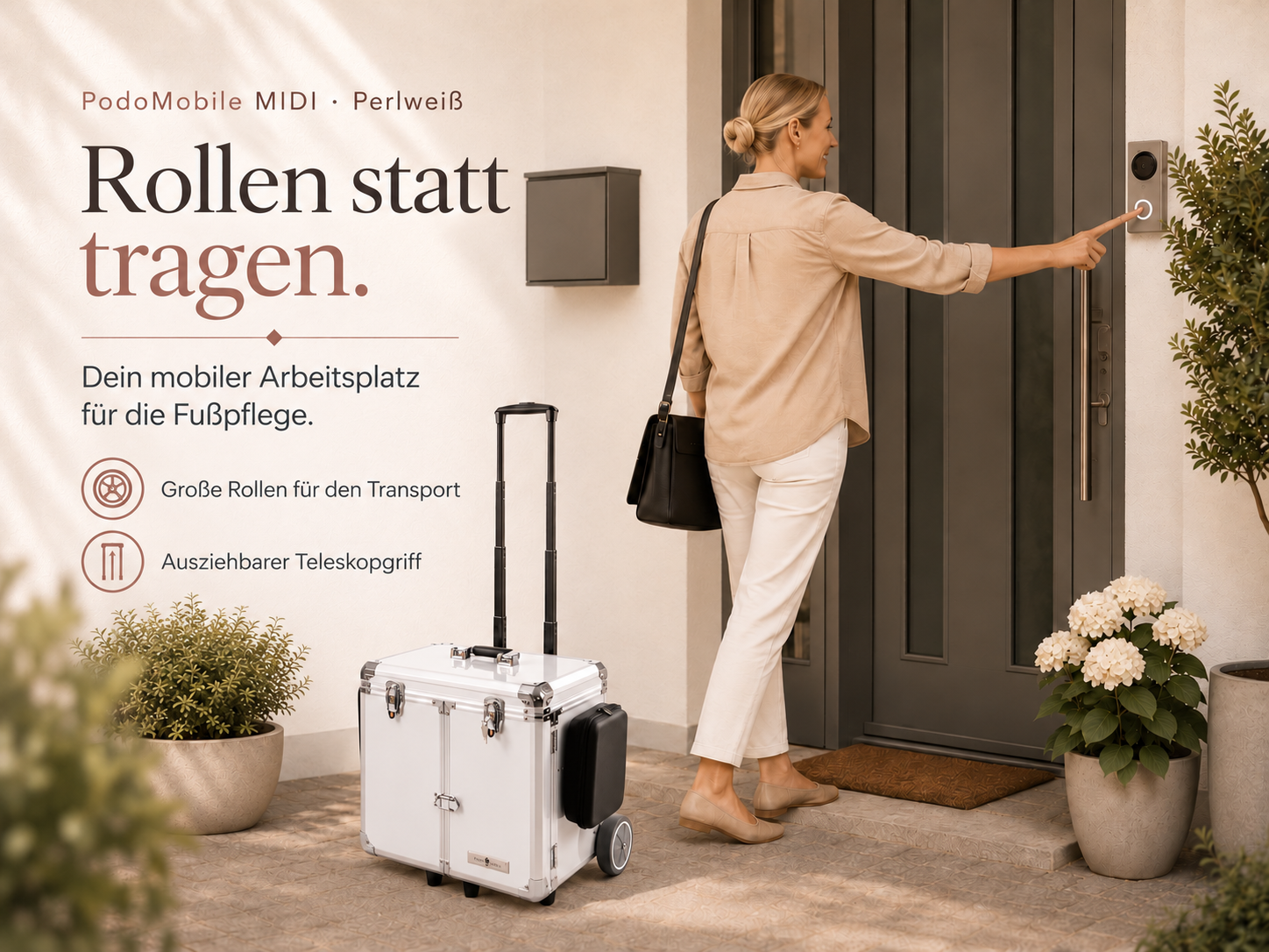 PodoMobile MIDI Fußpflegekoffer Perlweiß – mit 2 Steckdosen