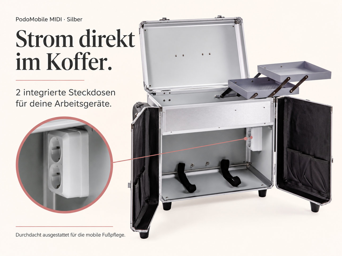 PodoMobile MIDI Fußpflegekoffer Silber – mit 2 Steckdosen