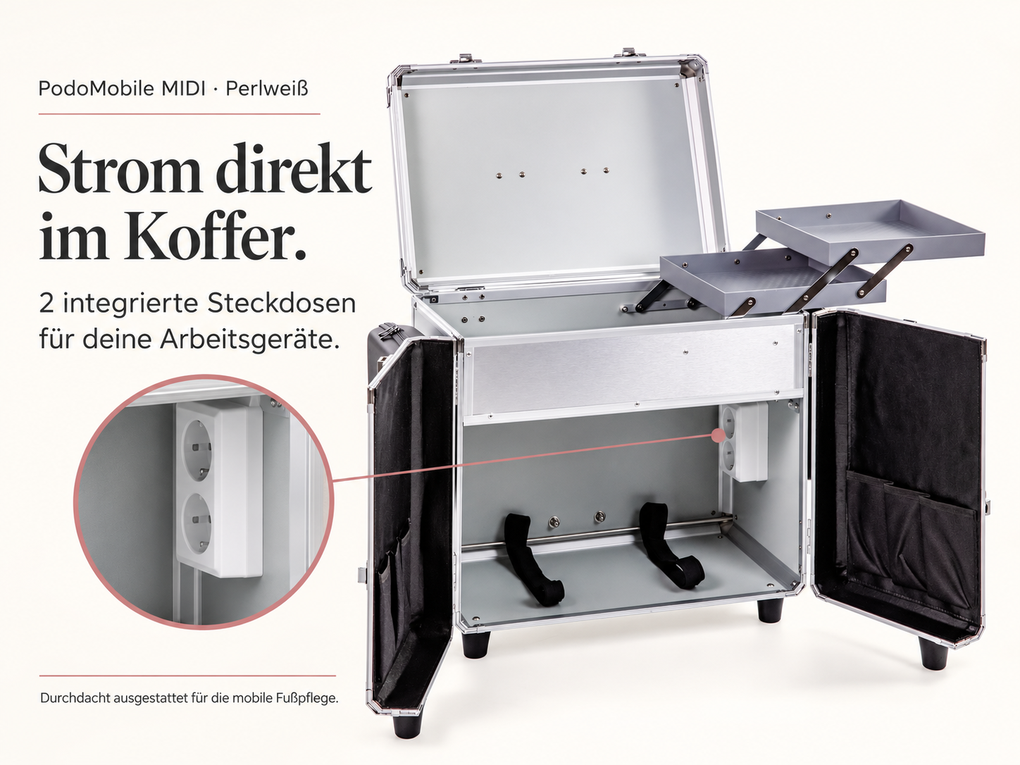 PodoMobile MIDI Fußpflegekoffer Perlweiß – mit 2 Steckdosen