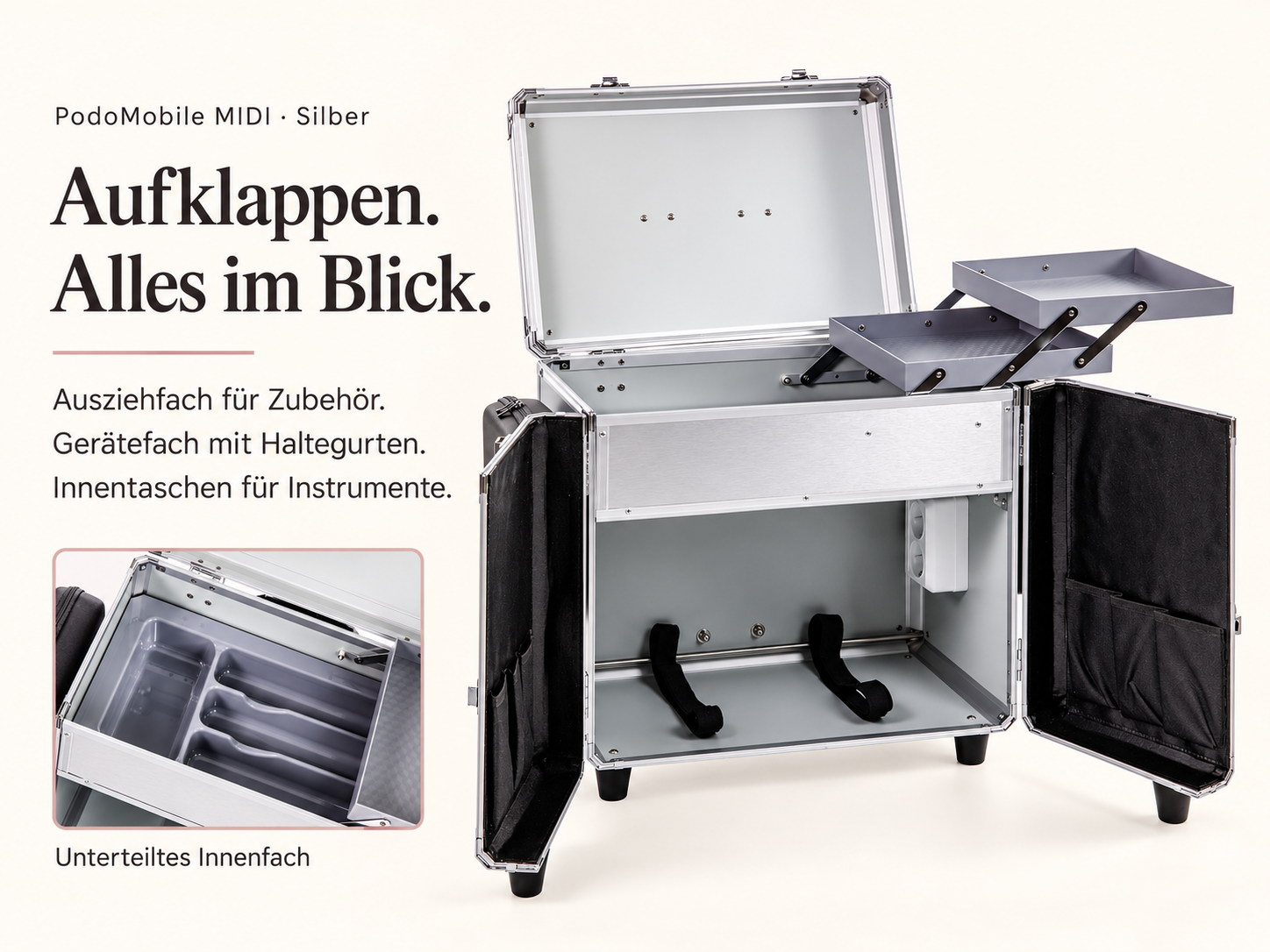 PodoMobile MIDI Fußpflegekoffer Silber – mit 2 Steckdosen