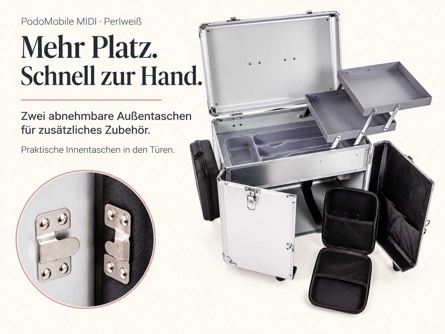 PodoMobile MIDI Fußpflegekoffer Perlweiß – mit 2 Steckdosen
