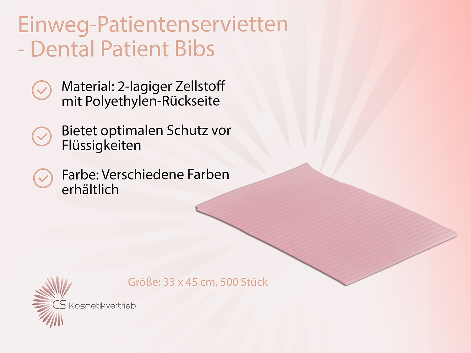 Einweg-Patientenservietten - Dental Patient Bibs, 2-lagig mit Poly-Rückseite, 33 x 45 cm, 500 Stück / Rosa